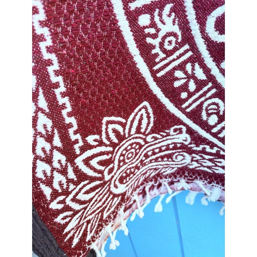 One Size Poncho Burgundy Red With White Hand Made In‎ México Aztec Calendar - Picture 4 of 11